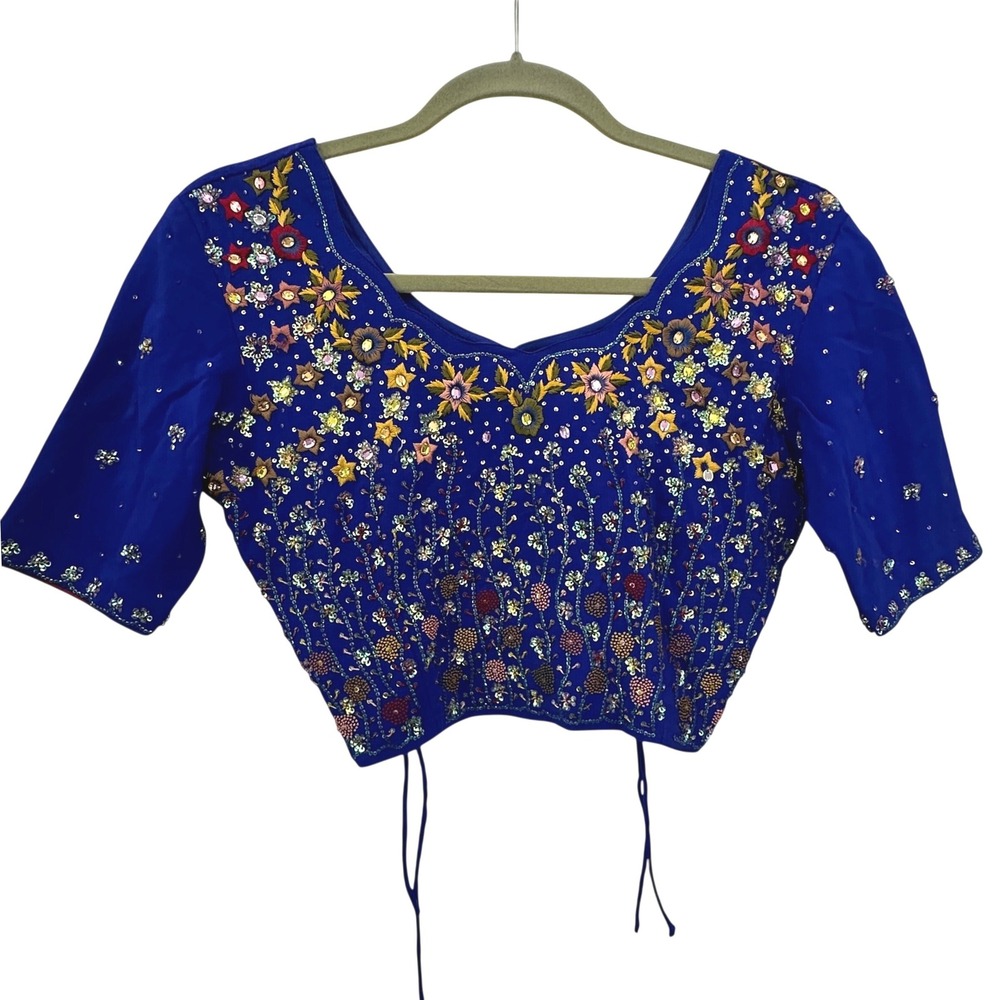 Choli Sari Blouse Crop Top Royal Blue Silk Zardozi Beaded Sequin Festival Party